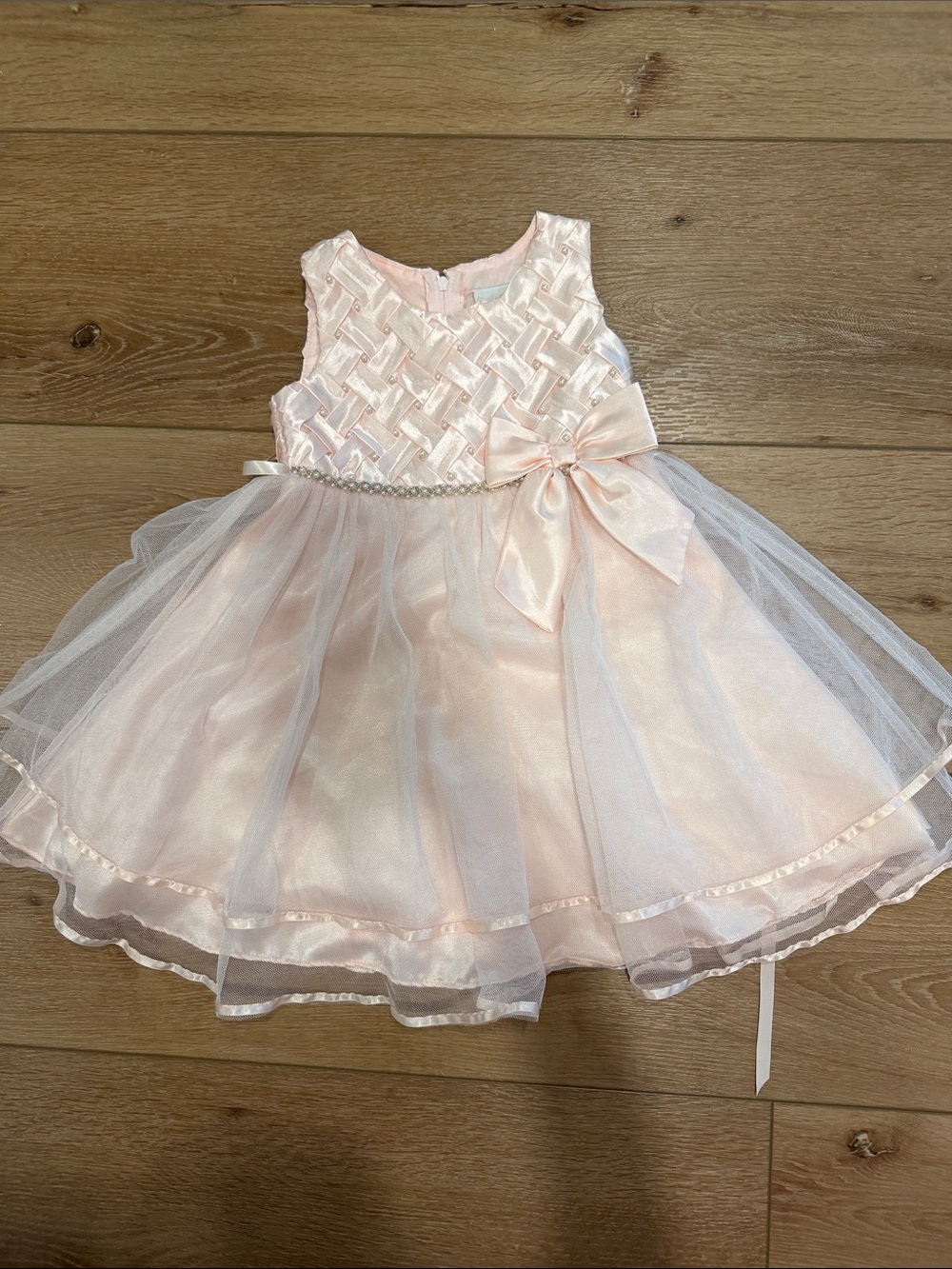Rare Editions Pale Pink Satin & Tulle Dress with Pearl Waist Bow